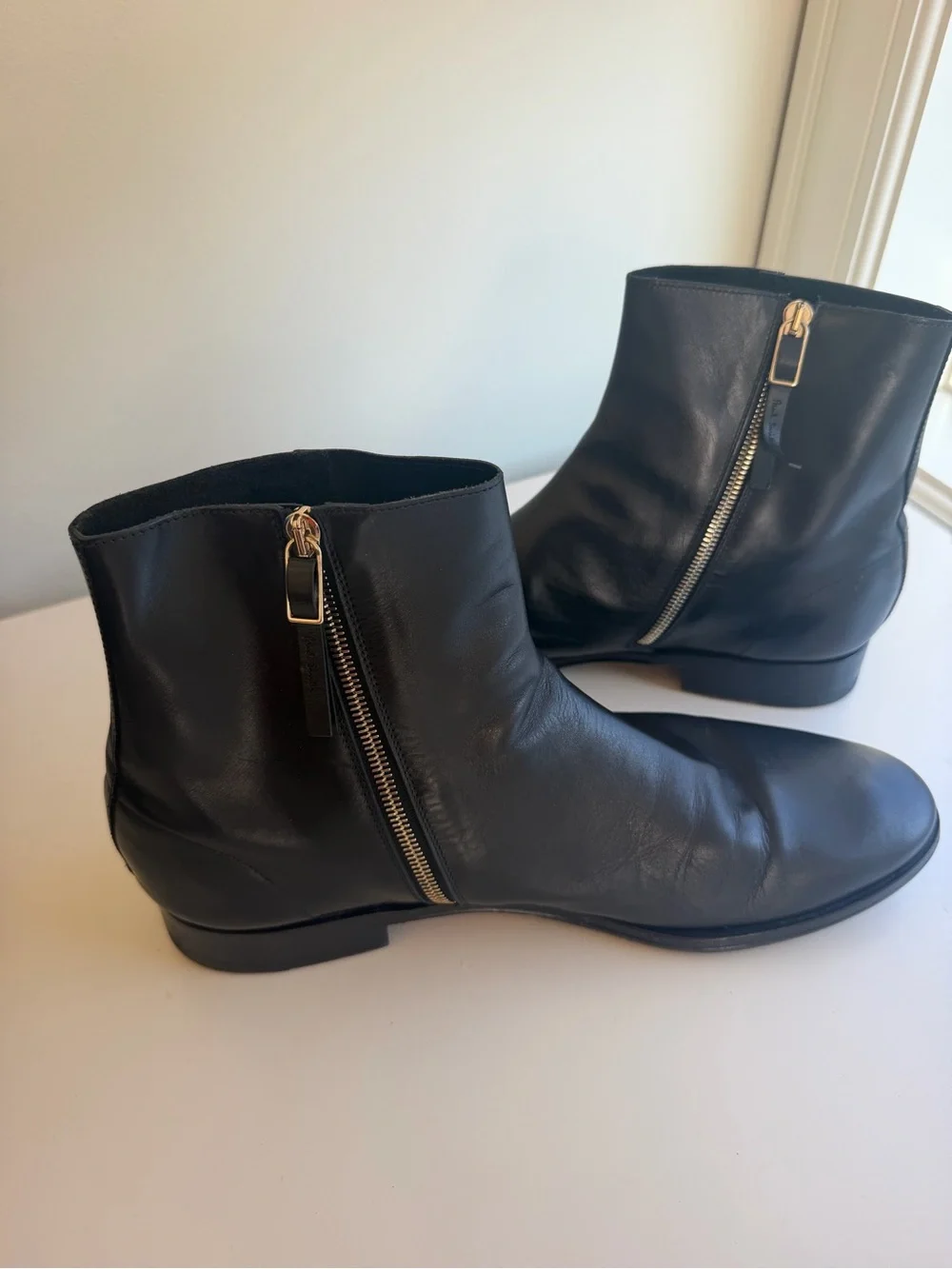 Paul Smith Black Leather Ankle Boots with Gold Zip Detail Made in Italy